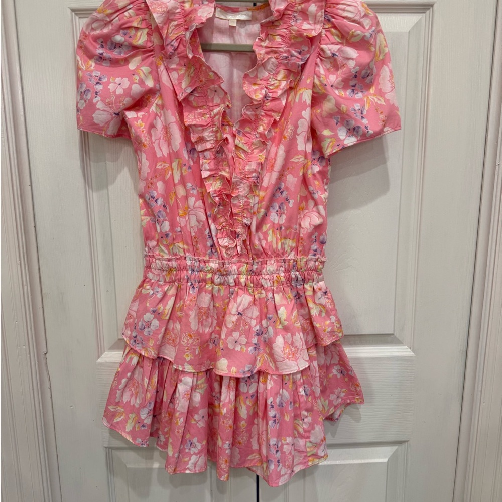LoveShackFancy Pink Floral Ruffle Tiered Dress with Yellow Accents